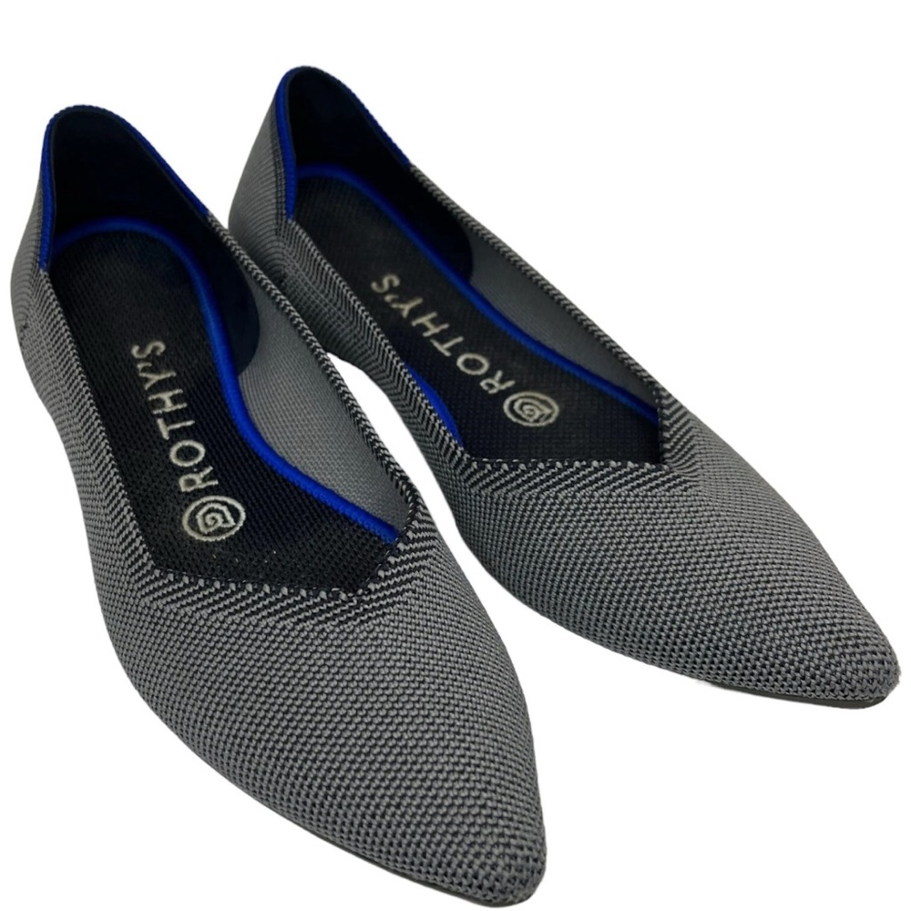 Rothy's Gray Pointed Knit Flats with Blue Trim
